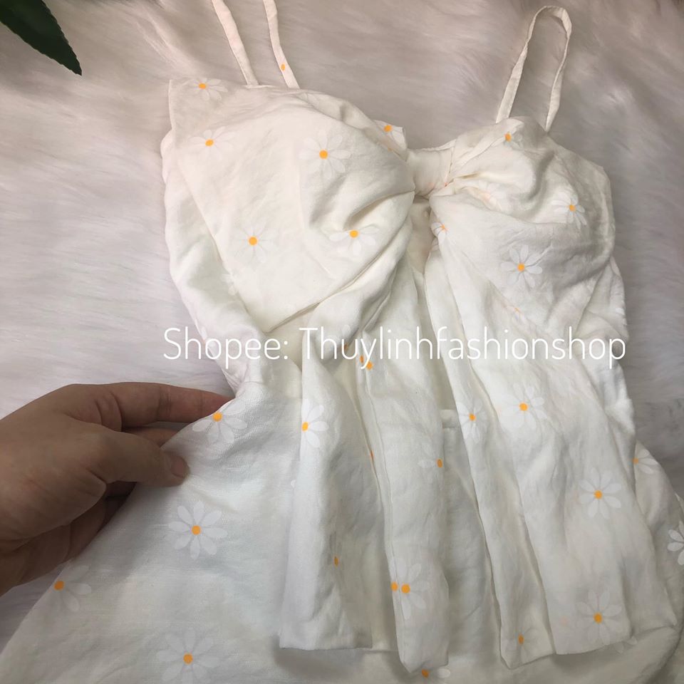 Đầm hoa cúc 2 dây nơ ngực - Hình thật