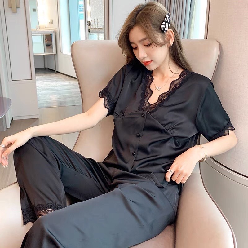 Bộ ngủ lụa quần dài áo cộc Lamy Nacy, bộ pijama lụa cao cấp
