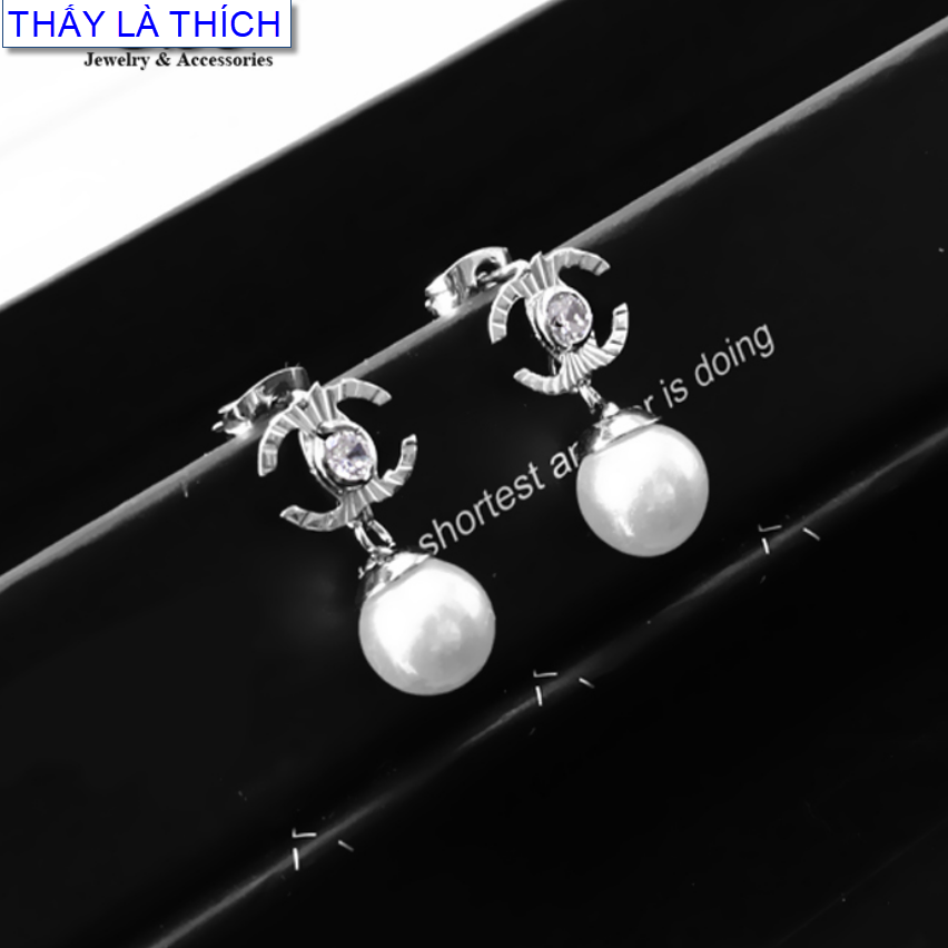 Earrings women stainless steel saw is like Type C letter applique stone dangling beads Pearl-commitment 1 Đổi 1 if Hoen, rust