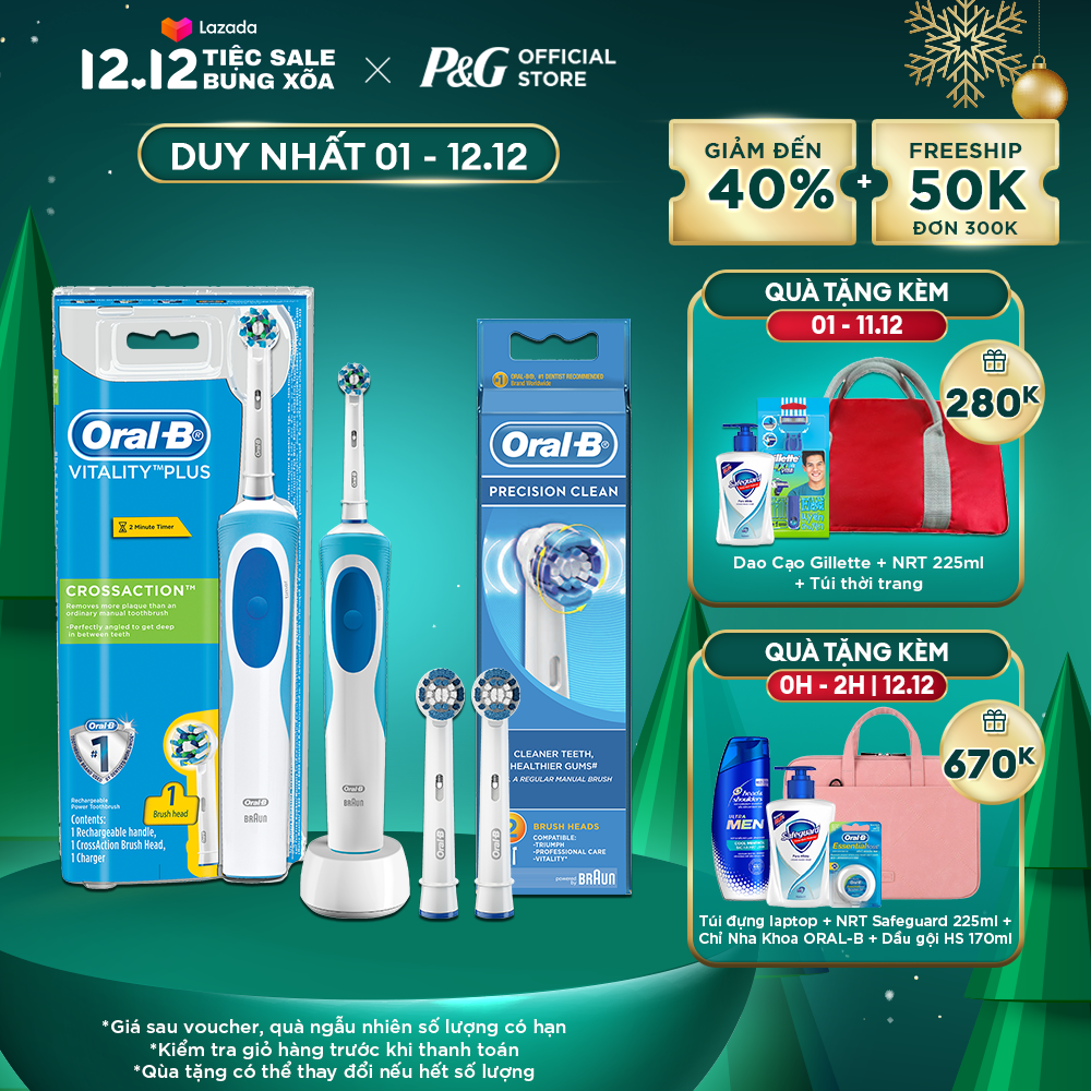 Combo Bàn Chải Điện ORAL-B Vitality Cross Action Loại Bỏ 100% Mảng Bám