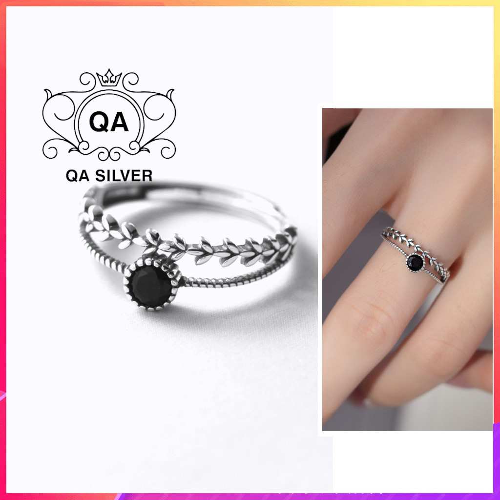 Nhẫn bạc 925 hai tầng mặt đá đen tròn lá nữ S925 LAYER QA SILVER Ring RI230503