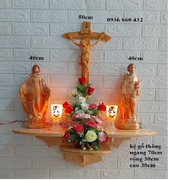 Bộ bàn thờ thiên chúa tượng đức mẹ thánh giuse cao 40cm và thánh giá chúa 50cm, kệ 3 tầng, đèn, hoa