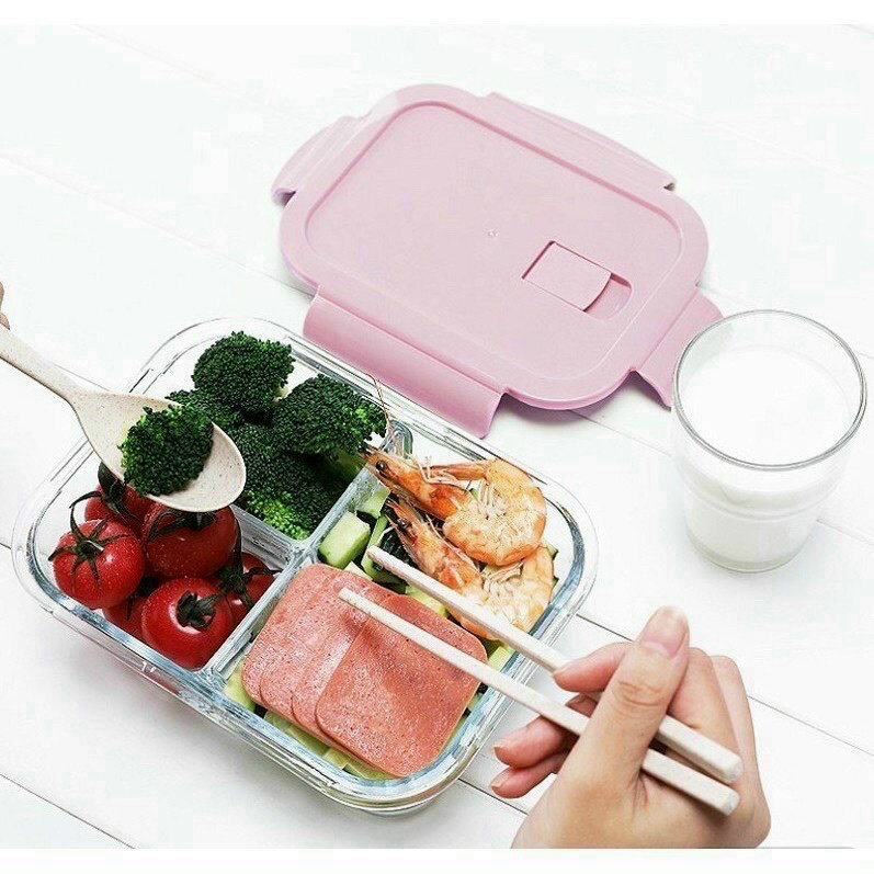 Bộ hộp cơm thủy tinh chia ngăn cao cấp ngăn, 3 ngăn 1000ml, khay cơm văn phòng