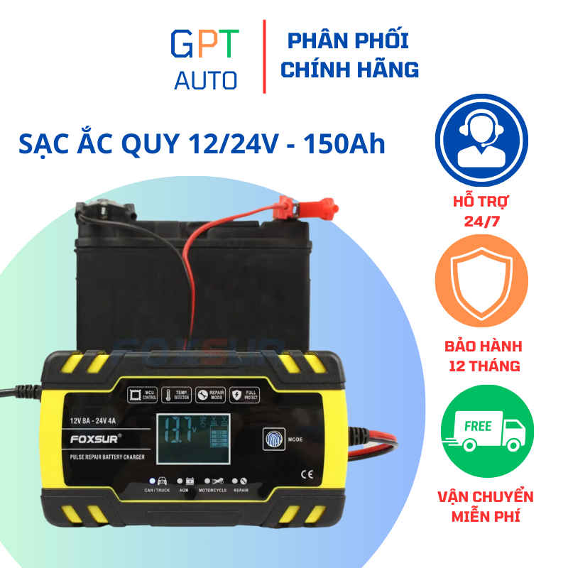 Sạc bình ắc quy 12V 24V 6Ah - 150Ah FOXSUR
