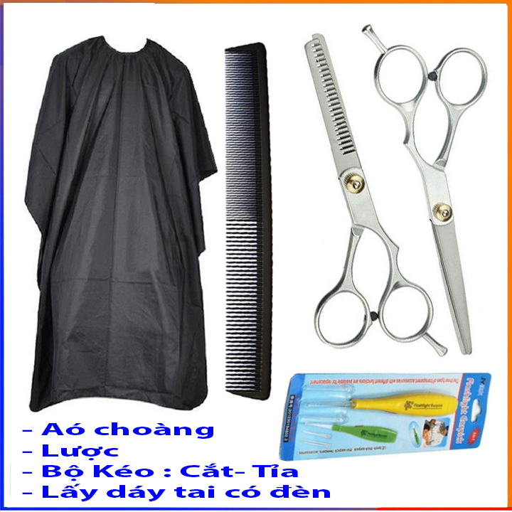 Combo kéo cắt, kéo tỉa, áo choàng cắt tóc, lược, lấy ráy tai siêu rẻ