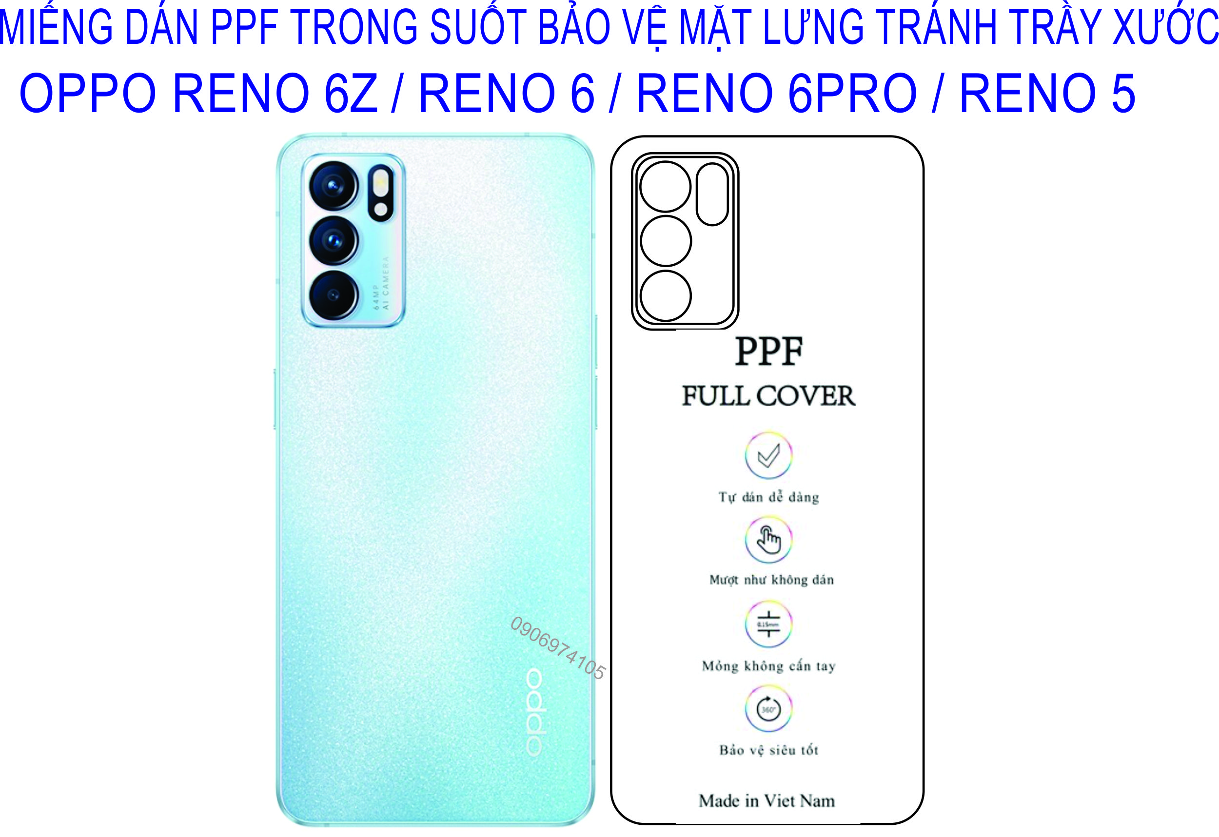 Dán PPF trông suốt OPPO Reno 6 / reno 6z / reno 6pro / reno 5 / reno 4 Bảo vệ mặt lưng điện thoại tránh qua đập, tránh trầy xước