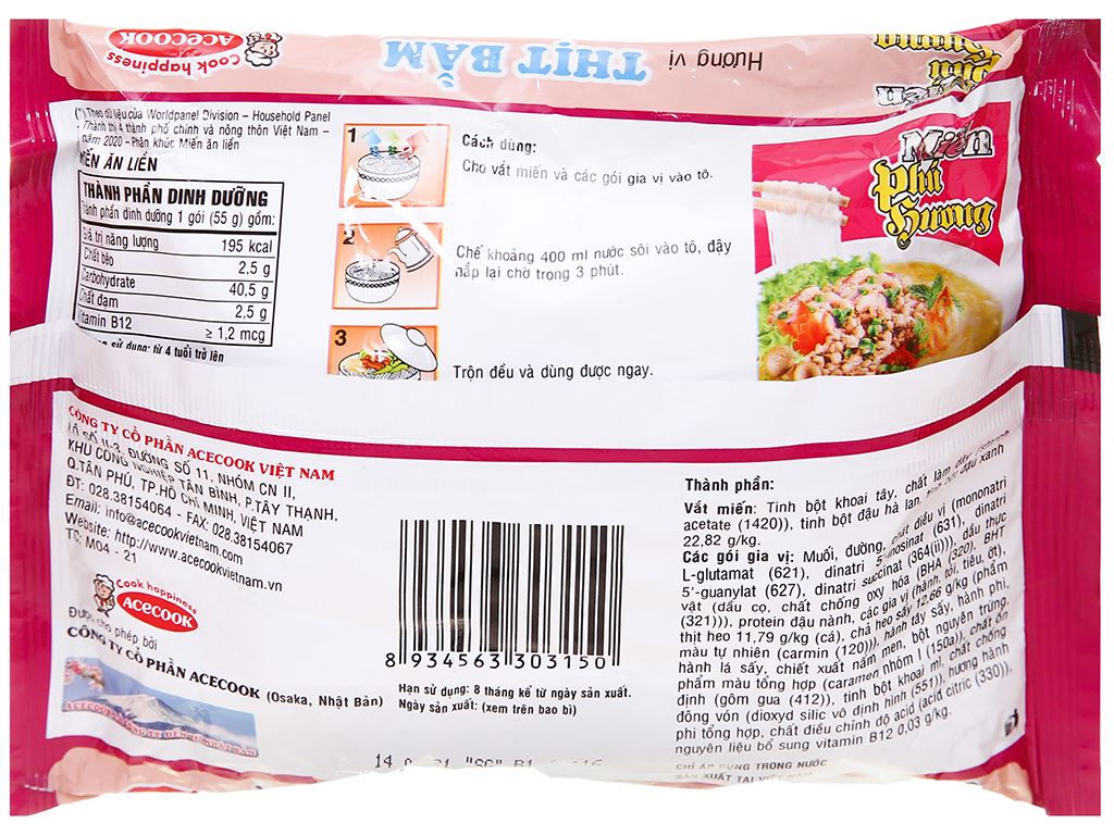 Combo 5 gói miến Phú Hương thịt bằm 55g