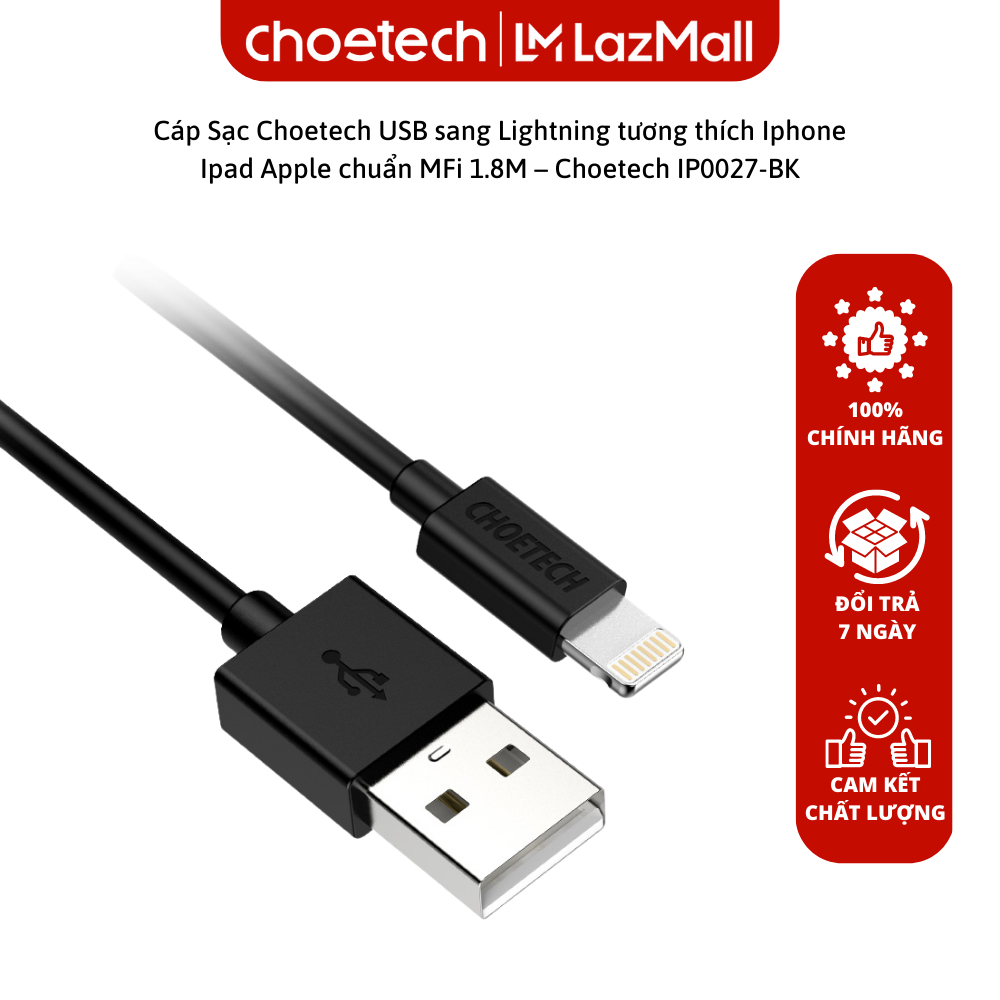 Cáp sạc choetech usb sang lightning tương thích iphone ipad apple chuẩn mfi 1.8m - hàng chính hãng – choetech ip0027-bk