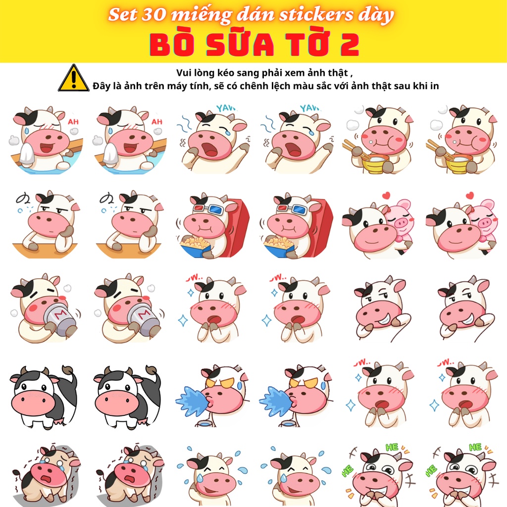 30 miếng dán stickers dạng tròn – hình BÒ SỮA