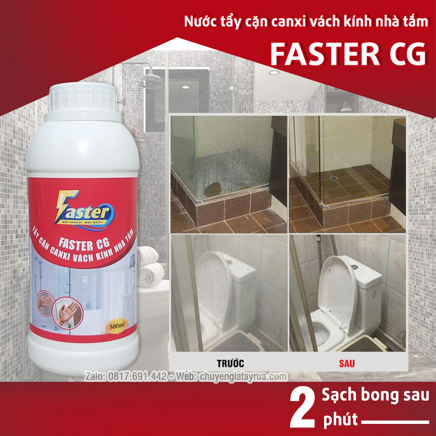 Chai Tẩy Canxi Vách Kính Nhà Tắm (Tặng Kèm Găng Tay Cao Su Hoặc Cọ), Gương, Bể Cá Ố Mốc Đóng Cặn Lâu Ngày Đa Năng Faster 500ml