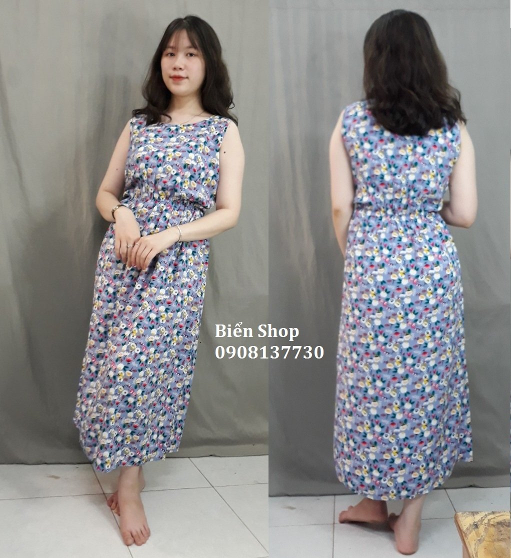 Đầm maxi lanh thái sát nách, cổ tròn, siêu mát, nhiều màu