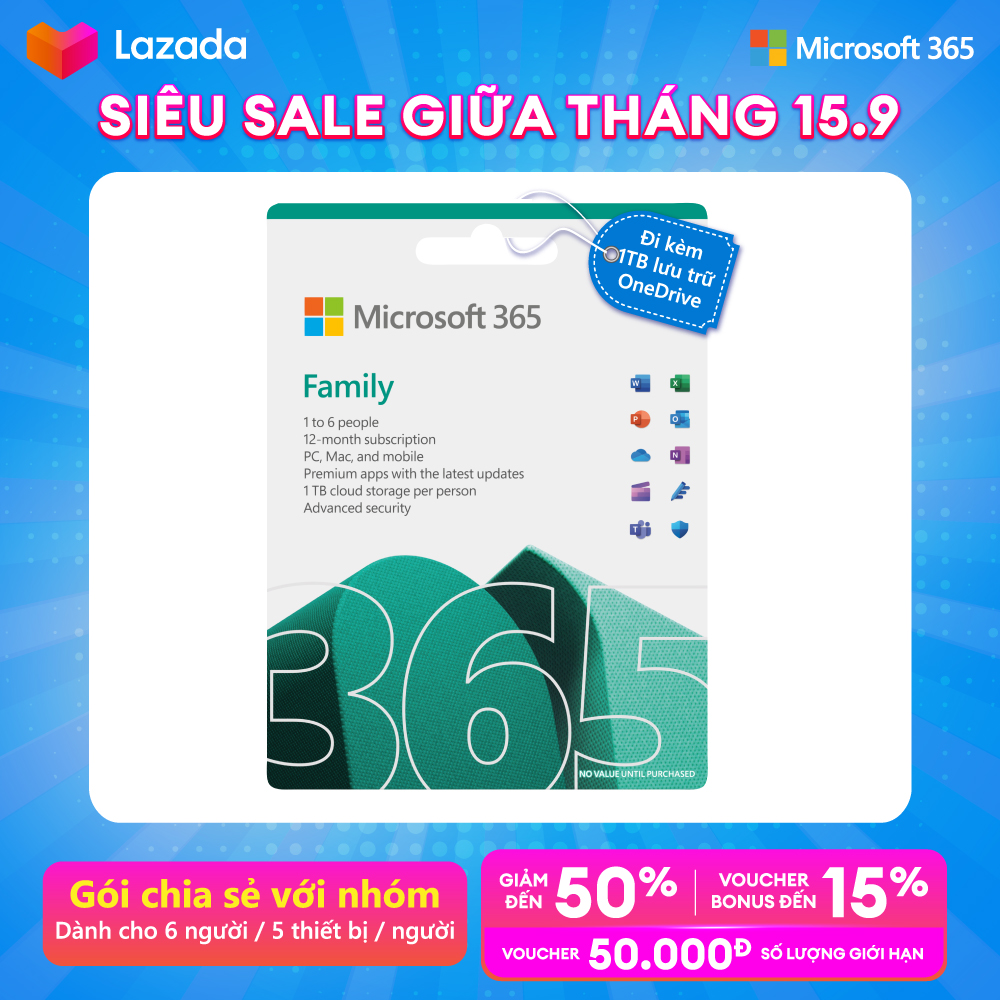 Phần mềm Microsoft 365 FAMILY Dành cho tối đa 6 người 12 tháng 5 thiết bị/người Word Excel PowerPoint 1TB OneDrive