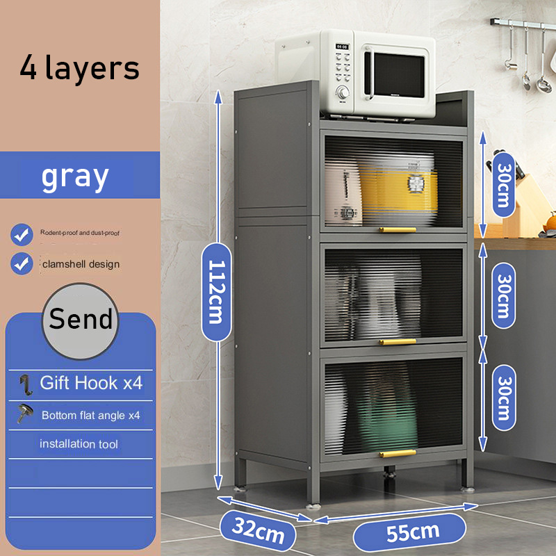 Flip lid kitchen with door, floor-to-ceiling multi-storey shelves, microwave oven, dustproof, multi-functional storage cabinet