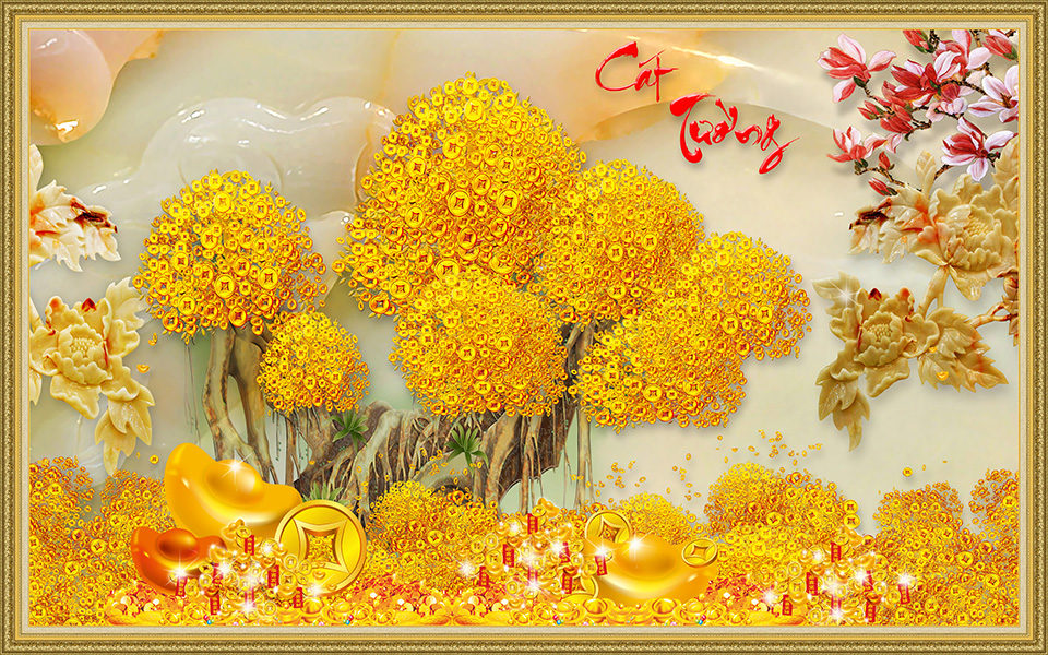 Tranh dán tường phong thủy VTC Cây Tài Lộc nhiều kích thước chất liệu pp Kim sa CayTaiLoc_010