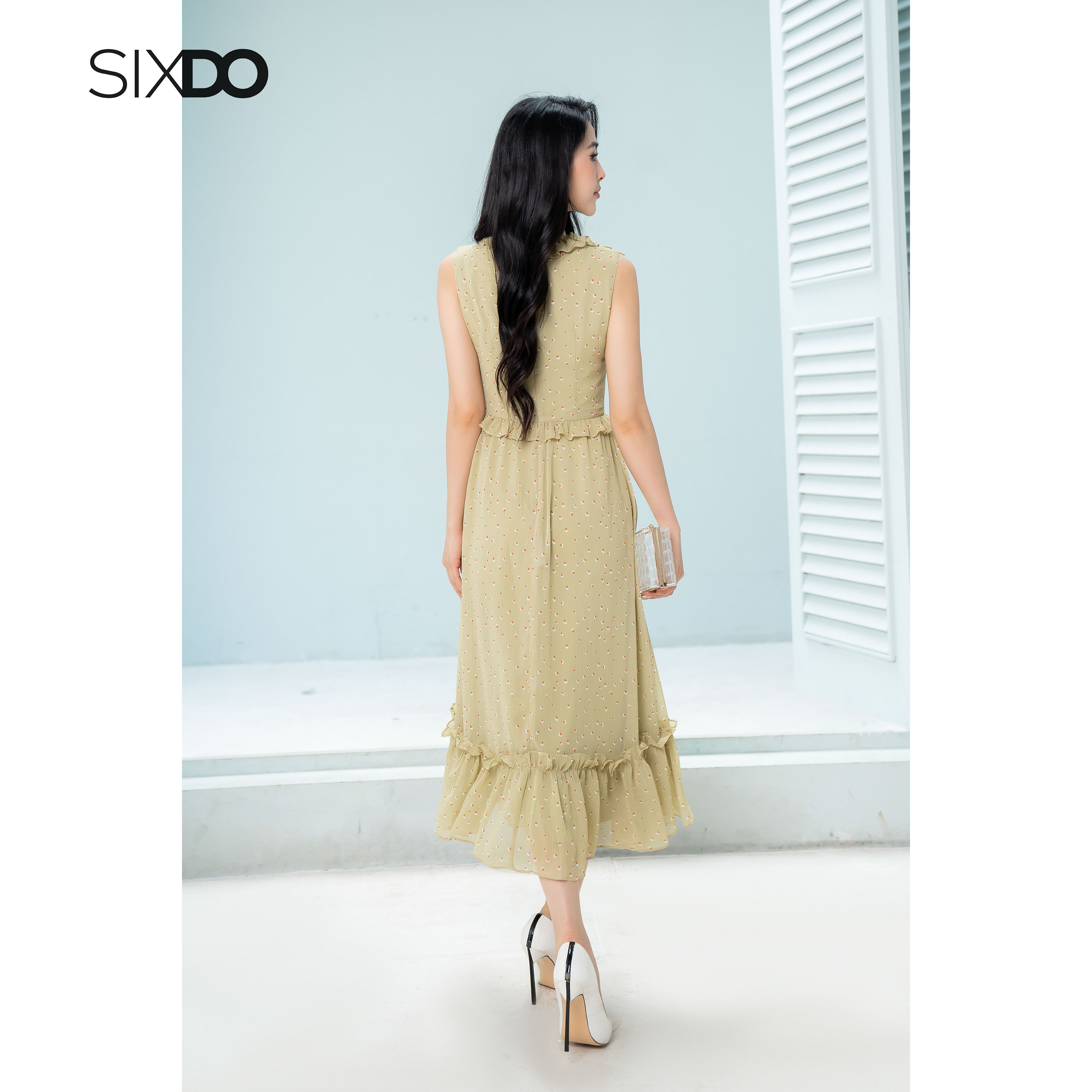 Đầm voan phối bèo cổ V sát nách thời trang SIXDO (Cyan Midi Voile Dress)