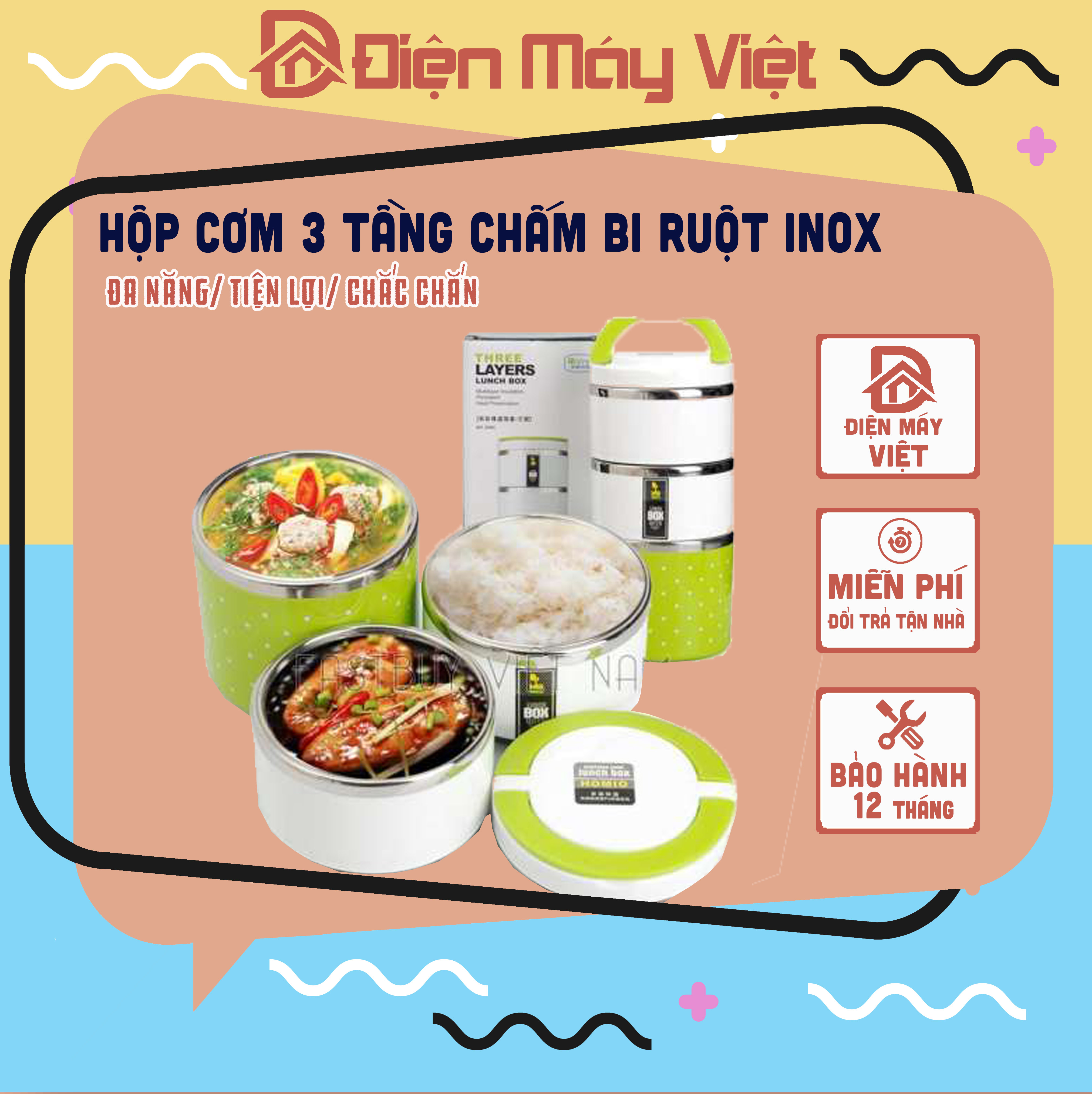 (Hàng loại 1) Cặp lồng cơm 3 tầng giữ nhiệt chấm bi ruột inox