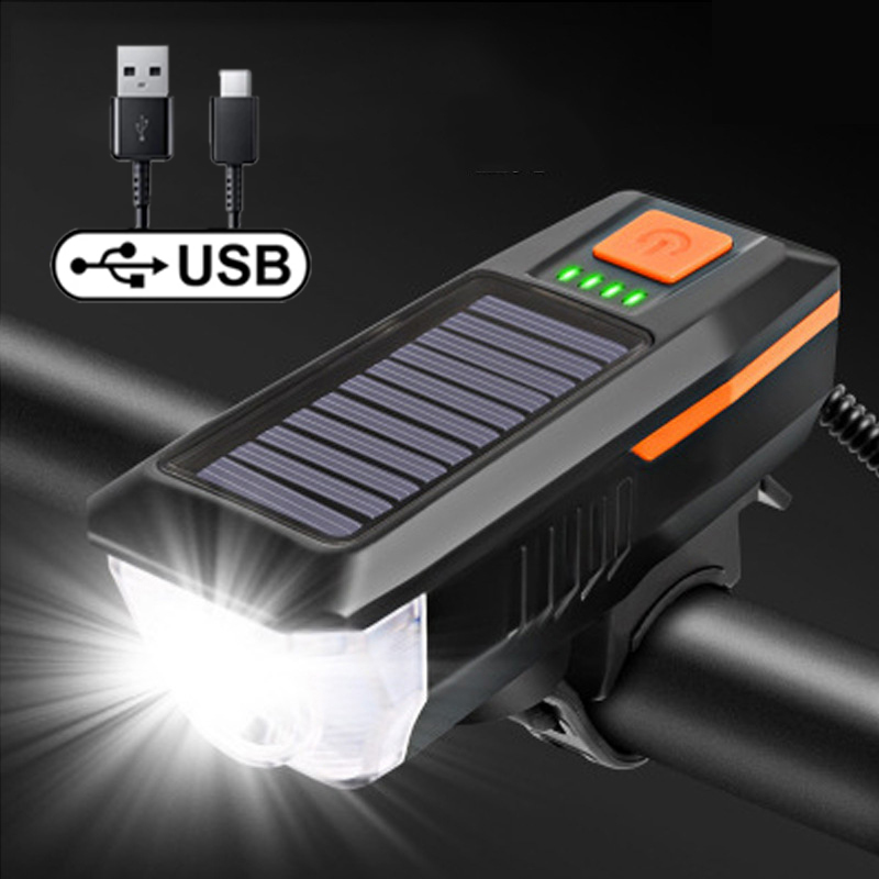 Front LED Mountain Bike Light 3 Modes Solar Charging Waterproof USB Rechargeable