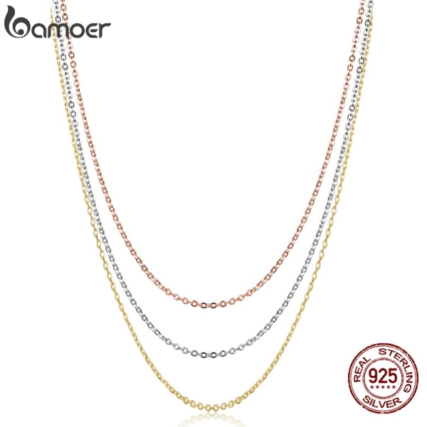 BAMOER Rose Gold Color 925 Sterling Silver Necklace Chain Lobster Clasp Simple Chain Fashion Necklace Basic Jewelry 45cm