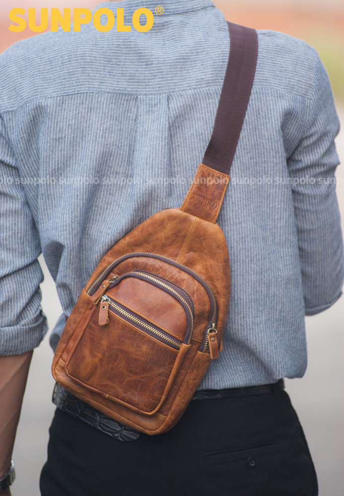 Men Leather Chest Bag SUNPOLO STU103 (Brown)