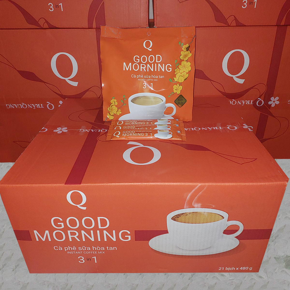 Thùng cà phê sữa Good morning Trần Quang 21 bịch 480g (mỗi bịch 24 gói dài 20g) Mẫu Xuân 2025