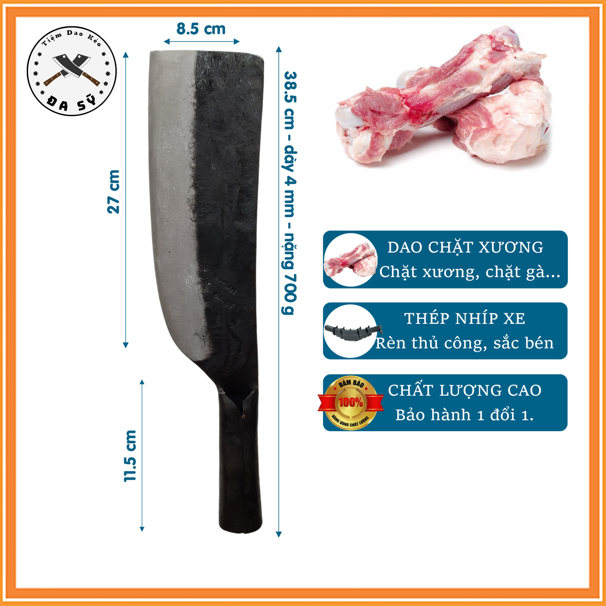 Dao chặt xương cán sắt, chặt thịt, chặt gà, dao rèn từ thép nhíp xe siêu bền