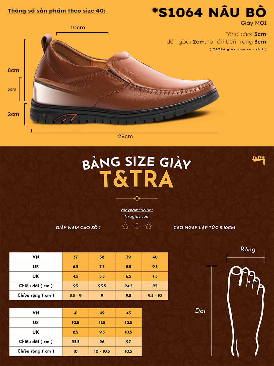 [ 5CM ] Giày Tăng Chiều Cao Nam T&TRA S1064 Nâu Bò