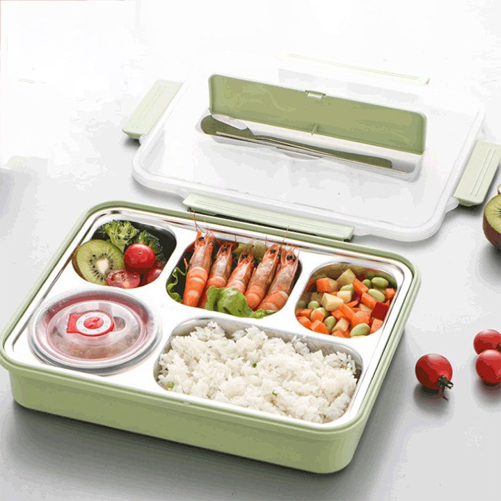[HCM]Khay cơm phần giữ nhiệt inox 5 ngăn (kèm muỗng đũa inox)