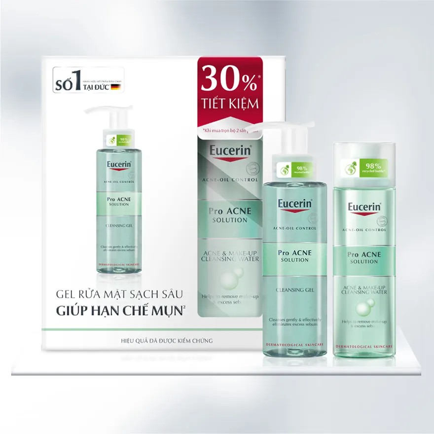 Combo Eucerin Làm Sạch Sâu Cho Da Mụn (Gel Rửa Mặt ProAcne 200ml & Tẩy Trang ProAcne Cleansing Water 200ml)