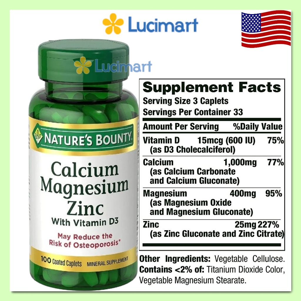 [HCM]Viên uống Calcium Magnesium Zinc bổ sung Canxi Kẽm Magie với Vitamin D3 Nature’s Bounty hũ 100 viên [Hàng Mỹ]