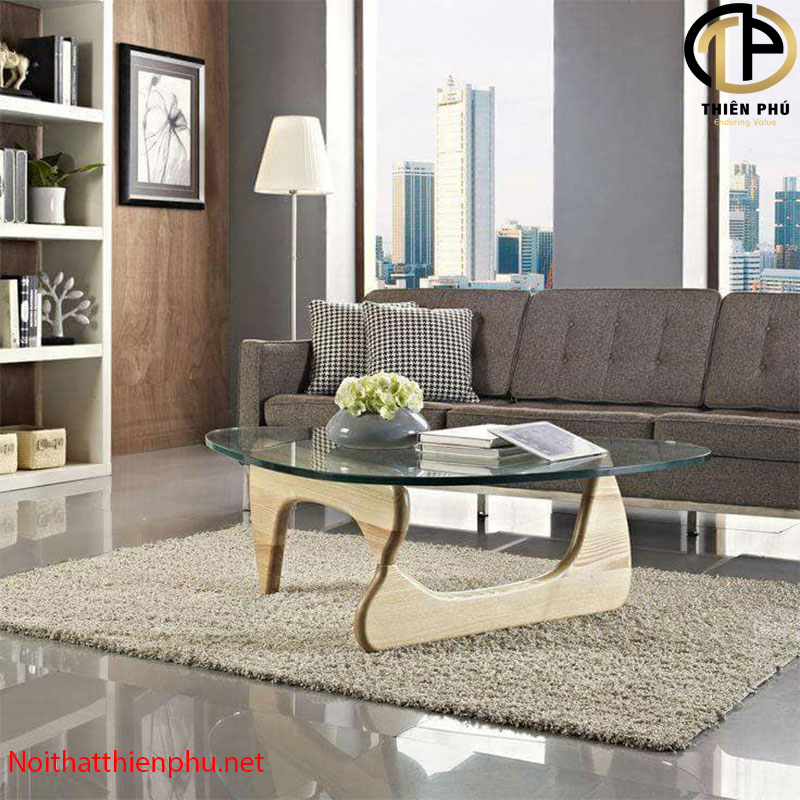Bàn trà sofa chân gỗ Noguchi mặt kính