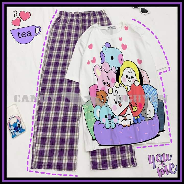 Sét Bộ Áo 3D Cartoon Vải Coton In Hình Hoạt Hình Đáng Yêu + Quần Caro Ống Rộng Ulzzang Hot Trend Cực Hot TTSLB0132