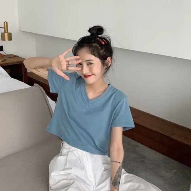 Áo thun nữ croptop cổ tim Đủ màu siêu dễ thương