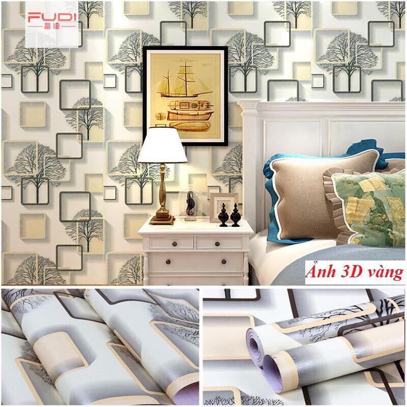 Combo 10M giấy decal dán tường mẫu cây khung ảnh vàng 3D khổ 45cm