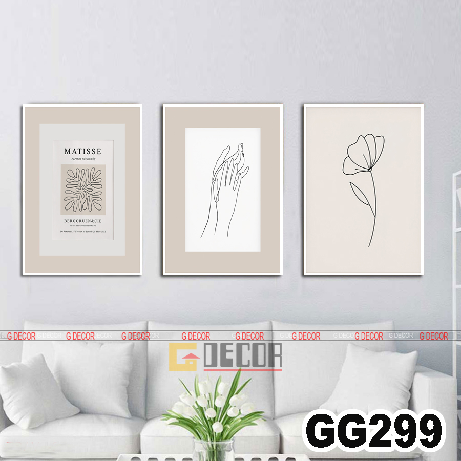Tranh treo tường canvas 3 bức phong cách hiện đại Bắc Âu 299, tranh lá cây trang trí phòng khách, phòng ngủ, phòng ăn