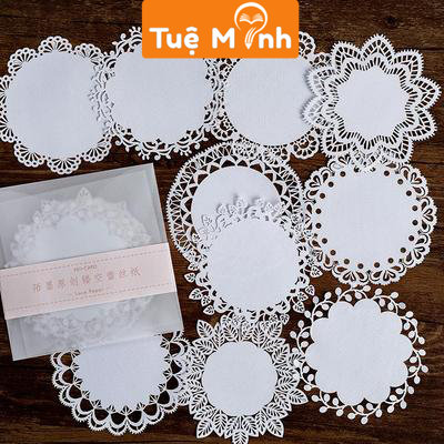 Set 10 tấm giấy ren tròn cổ điển trang trí sổ Bullet Journal, nắp hộp quà, miếng lót ly 10cm STI23