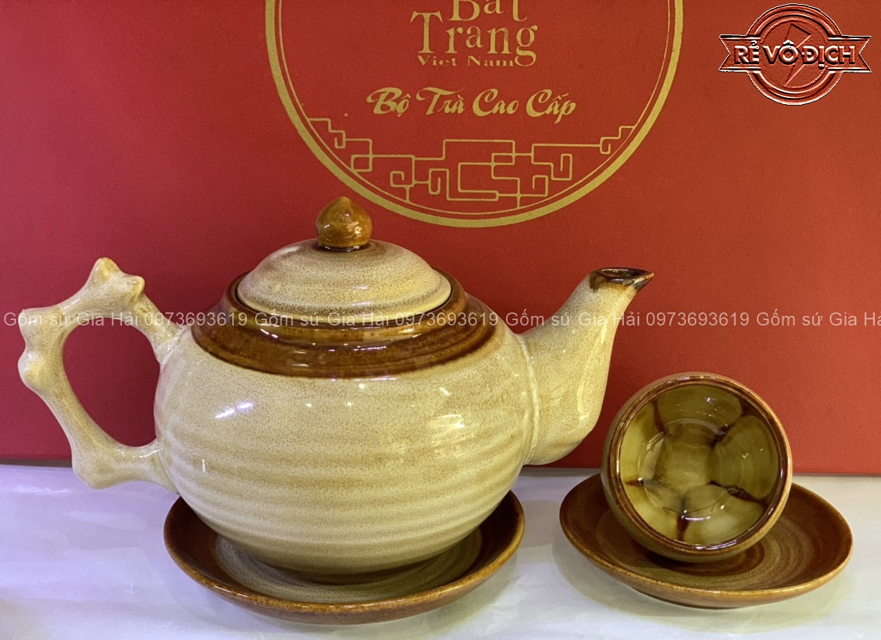 Bộ ấm chén hỏa biến men vàng kem chén lòng hoa bát tràng dáng gốc cây dung tích 620ml