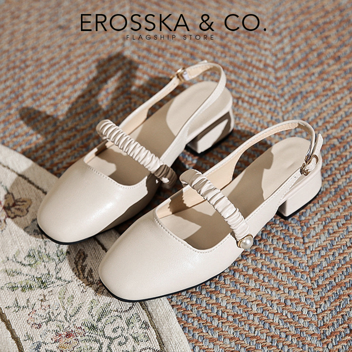 Giày cao gót Erosska quai ngang nhún ngọc cài hậu cao 3cm màu nude _ EL024