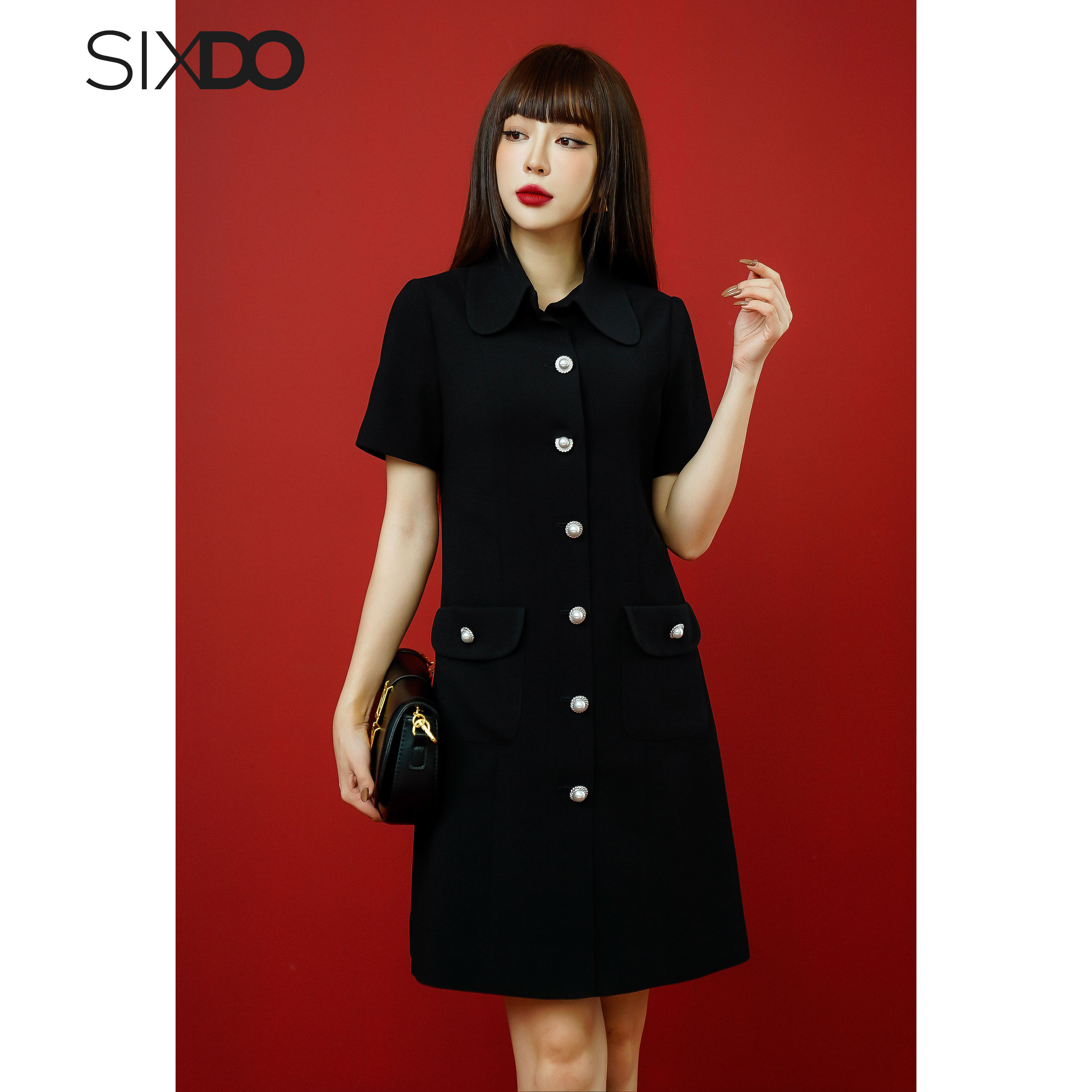 Đầm dệt thoi dáng suông SIXDO (Black Short Sleeves Mini Woven Dress)