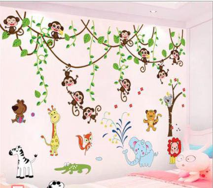 Decal dán tường voi phun nước và giàn khỉ