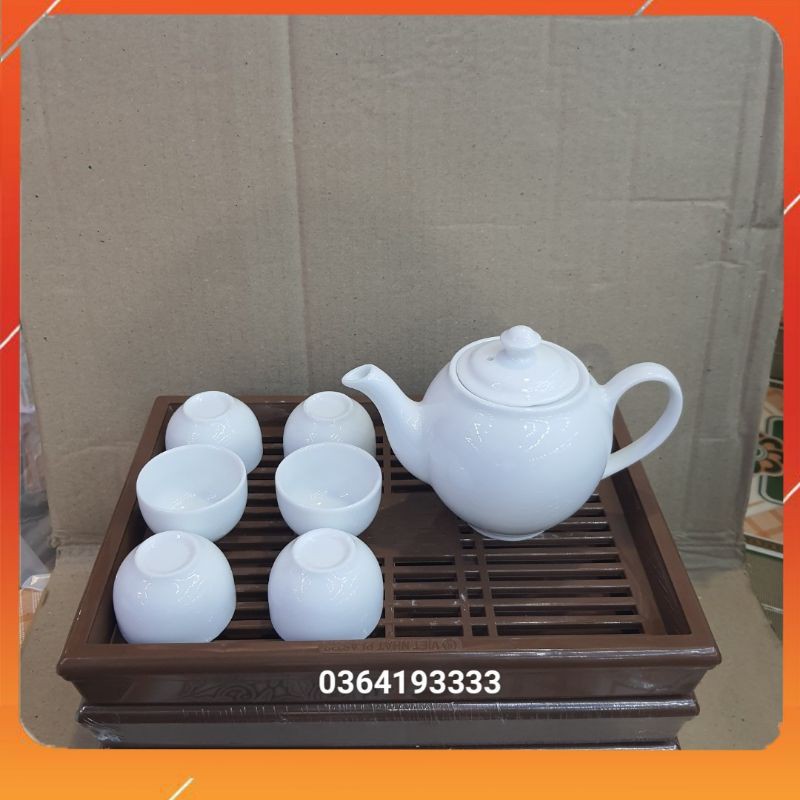 Bộ ấm chén sứ trắng Bát Tràng 1 ấm 6 chén 1 khay Ấm dáng quả hồng