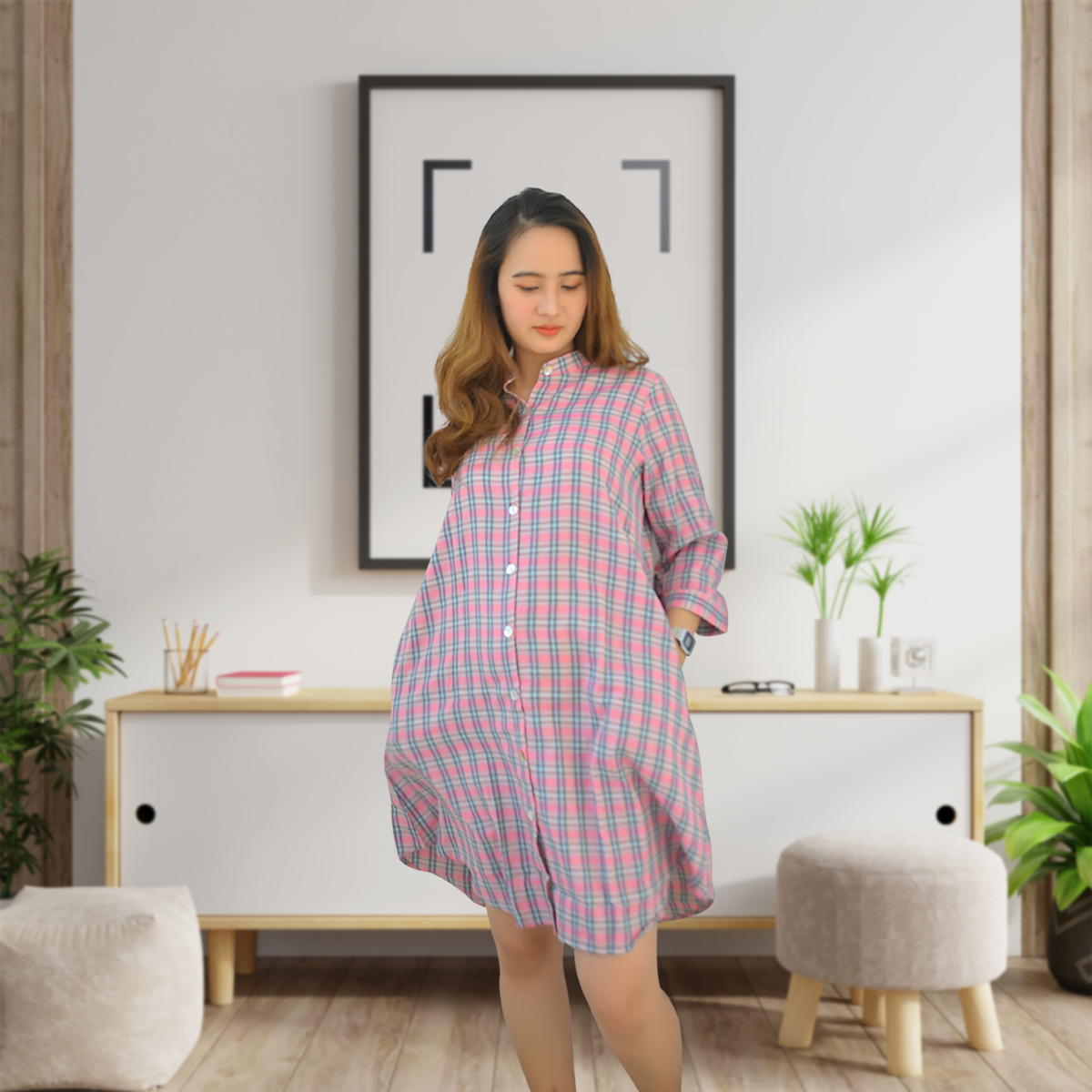 Đầm bầu caro sọc Emum