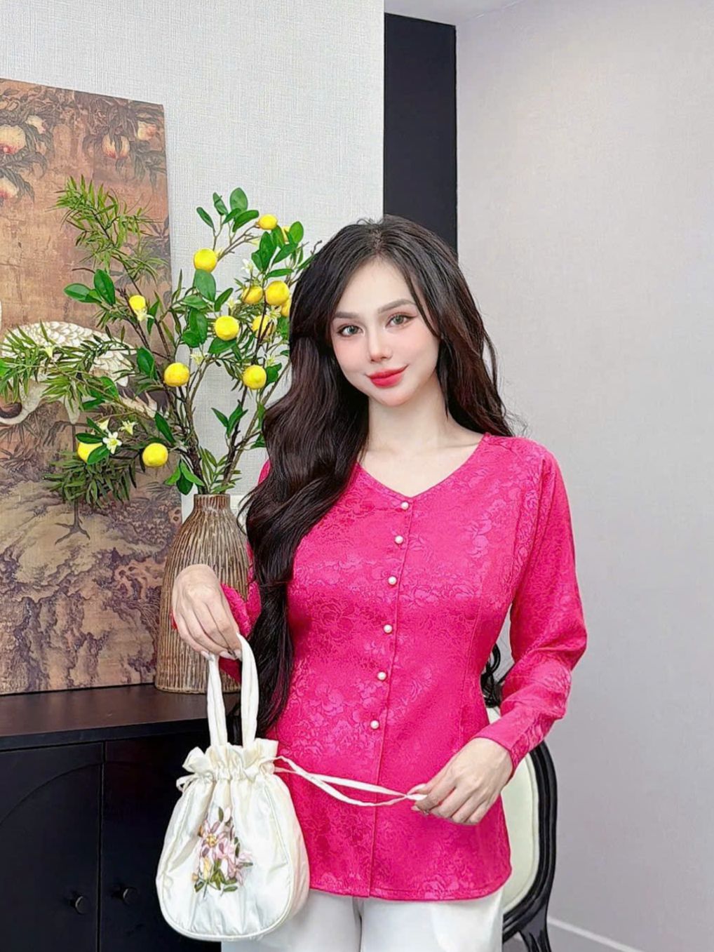 ANH MỸ – Áo lẻ – bà ba cổ tim tay dài gài nút chất liệu gấm SP0336-1