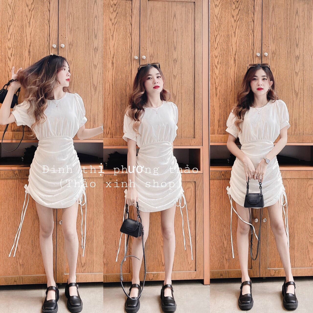 Đầm nữ cổ tròn rút 2 dây hồng
