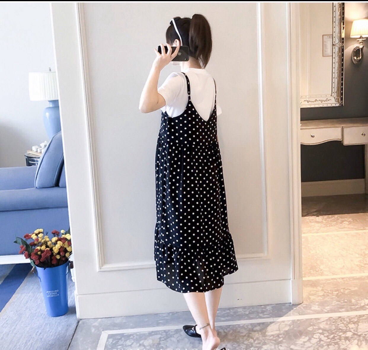 Váy bầu cặp chấm bi suông dài