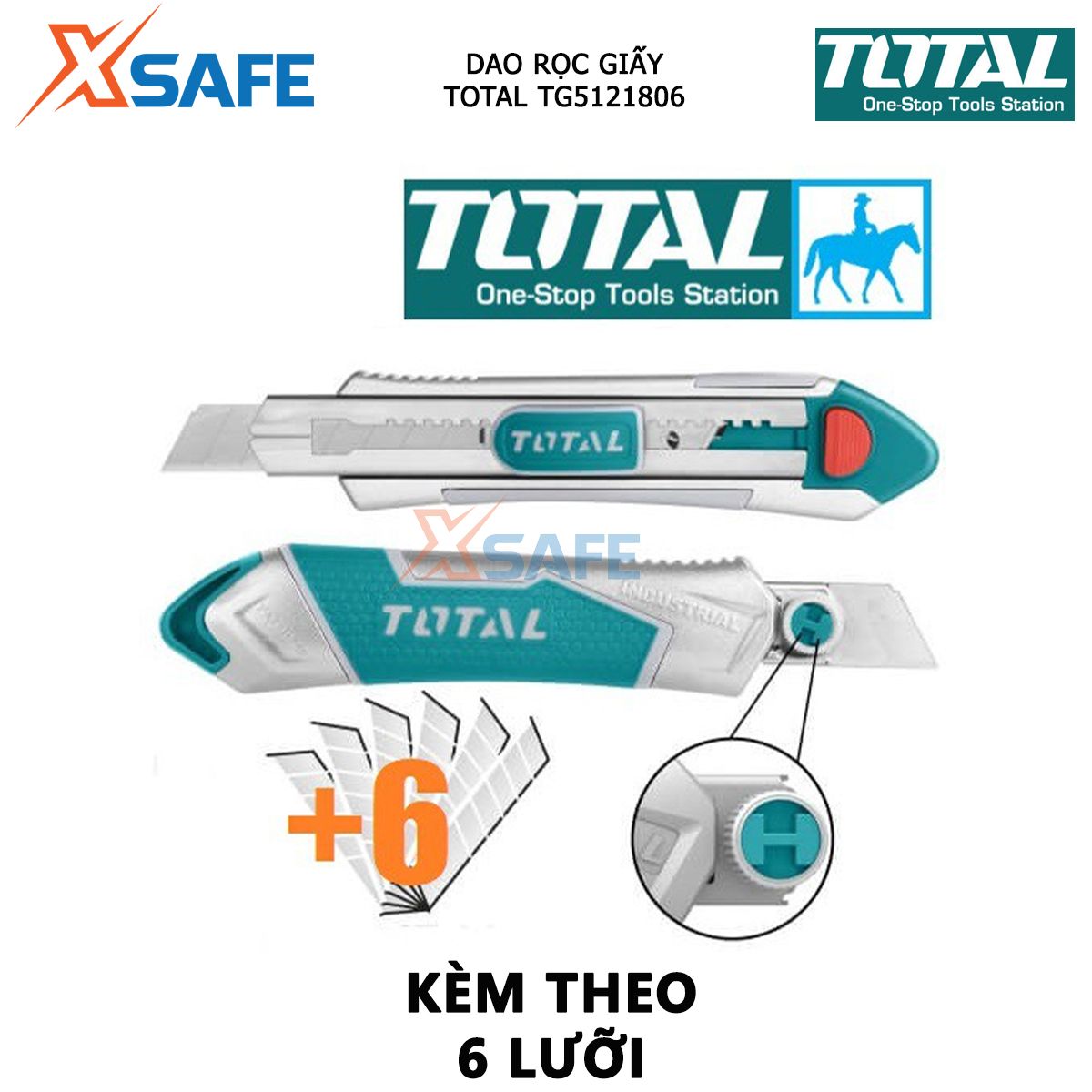 Dao rọc giấy TOTAL TG5121806 | dao cắt giấy kích thước lưỡi 18 x 100mm, kèm 6 lưỡi cắt dán giấy, các loại hộp