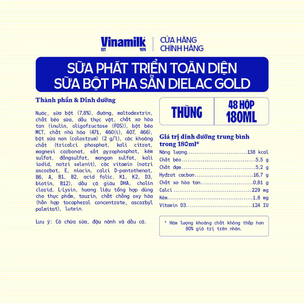 (Có Thẻ Tích Điểm) Thùng 48 Hộp Sữa Bột Pha Sẵn Vinamilk Dielac Gold 180ml.
