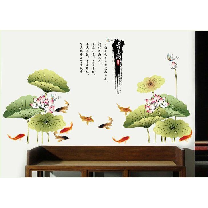 Decal dán tường Cửu Ngư ( Cá và hoa sen 01)