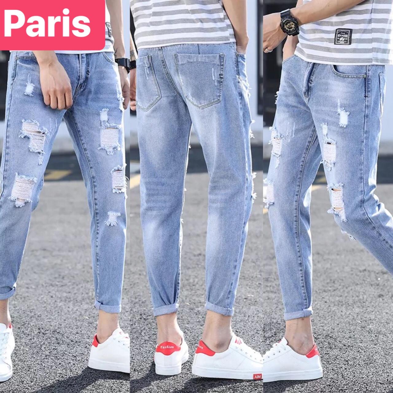 QUẦN BAGGY JEAN NAM CHẤT BÒ XANH CẠP RÁCH SANG TREND MỚI PR-1900 CAO CẤP - PARIS FASHION