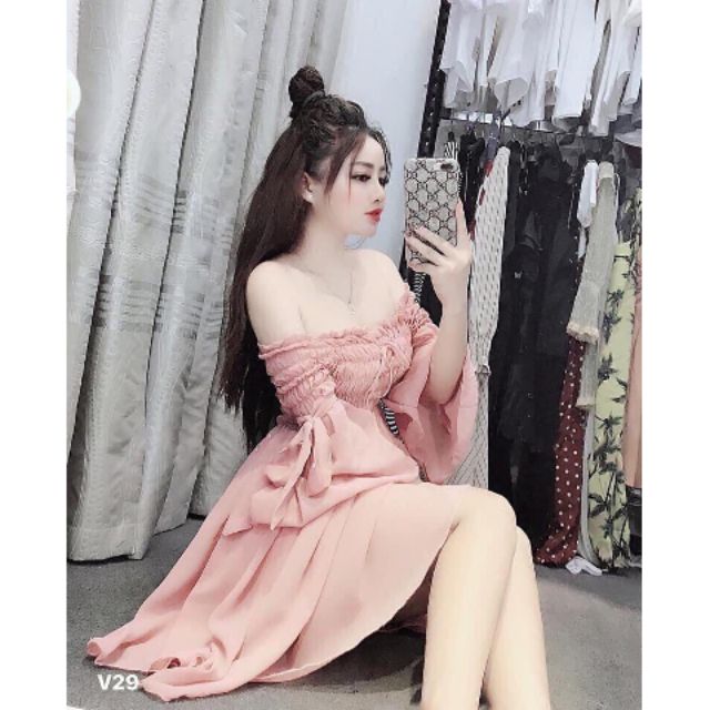 Đầm bẹt vai nhún tiểu thư kèm ảnh thật