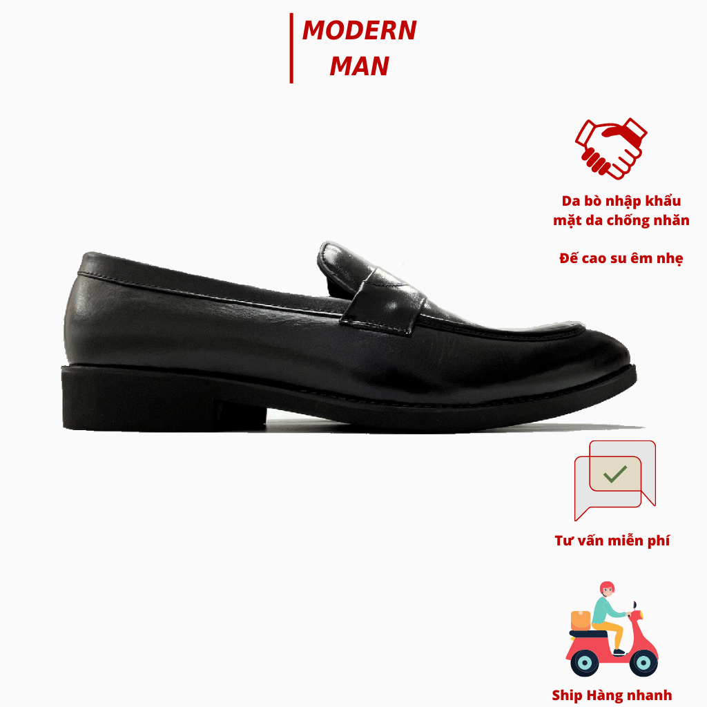 Giày Lười Nam Da Bò Thật, Mũi Làm Từ Da Tàu Ít Nhăn Đế Cao Su, Mũi Nhọn, Màu Đen  Khâu Đế(Tặng kèm Tất)
